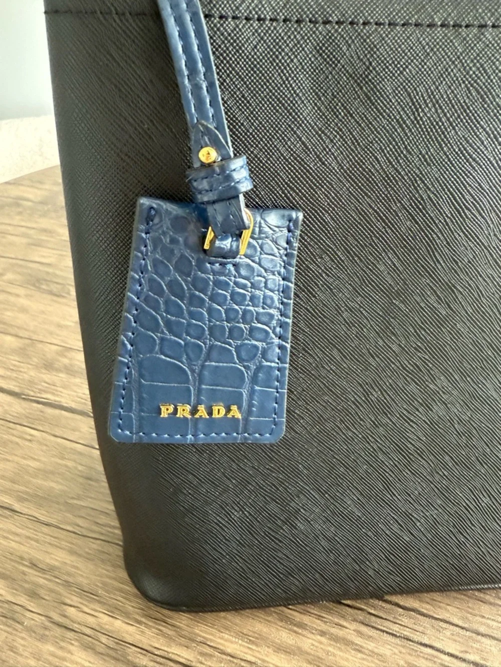 Prada Black Saffiano Leather Bucket Satchel with Navy Trim - Picture 9 of 9